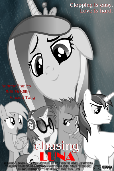 Size: 1000x1500 | Tagged: safe, artist:spongebat1, derpibooru import, derpy hooves, flash sentry, princess cadance, shining armor, vinyl scratch, alicorn, pegasus, pony, unicorn, chasing amy, implied clopping, kevin smith, monochrome, movie poster, parody, view askewniverse