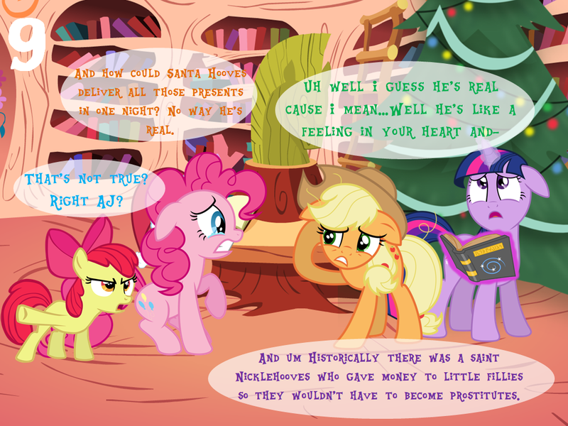 Size: 1024x768 | Tagged: safe, artist:bronybyexception, derpibooru import, apple bloom, applejack, pinkie pie, earth pony, pony, advent calendar, book, bookshelf, christmas, christmas tree, disbelief, doubt, female, filly, golden oaks library, hat, holiday, mare, saint nicklehooves, santa claus, santa hat, santa hooves, tree