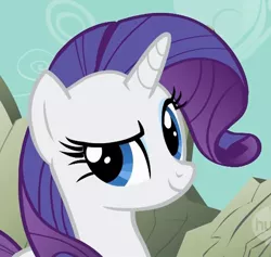 Size: 696x660 | Tagged: a dog and pony show, cropped, derpibooru import, dreamworks face, hub logo, looking at you, raised eyebrow, rarity, reaction image, safe, screencap, smiling, smirk, smugity, solo