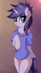 Size: 840x1500 | Tagged: safe, alternate version, artist:twiren, derpibooru import, rarity, semi-anthro, unicorn, alternate hairstyle, blushing, cheek fluff, chest fluff, clothes, cute, ear fluff, female, gradient background, looking at you, mare