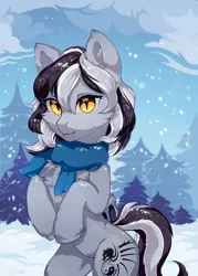 Size: 1500x2100 | Tagged: safe, artist:lispp, derpibooru import, oc, unofficial characters only, bat pony, pony, bat pony oc, clothes, cute, fangs, female, fluffy, looking at you, mare, scarf, slit eyes, snow, snowfall, solo, tree, wings, winter, ych result