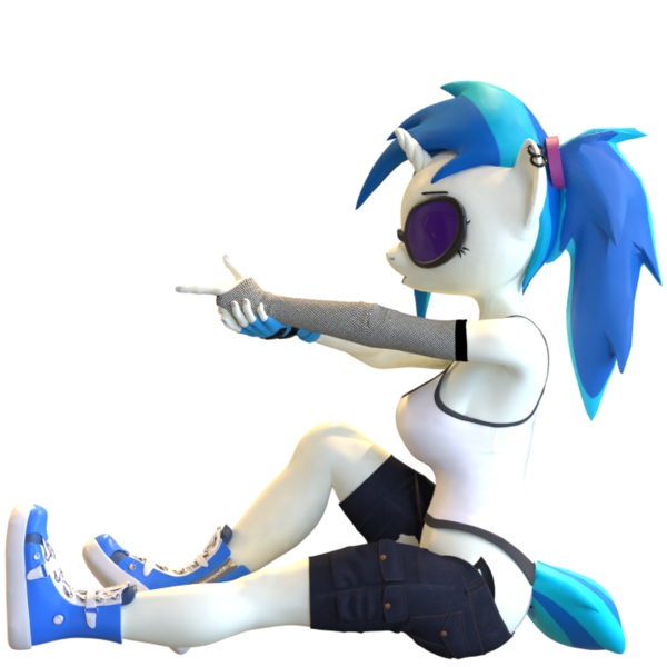 Size: 720x720 | Tagged: 3d, alternate hairstyle, anthro, artist:pixel-perry, blender, clothes, derpibooru import, ear piercing, explicit source, finger gun, fingerless gloves, glasses, gloves, piercing, plantigrade anthro, ponytail, pose, safe, shoes, shorts, simple background, sneakers, solo, tanktop, transparent, transparent background, vinyl scratch