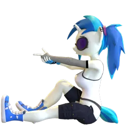 Size: 720x720 | Tagged: 3d, alternate hairstyle, anthro, artist:pixel-perry, blender, clothes, derpibooru import, ear piercing, explicit source, finger gun, fingerless gloves, glasses, gloves, piercing, plantigrade anthro, ponytail, pose, safe, shoes, shorts, simple background, sneakers, solo, tanktop, transparent, transparent background, vinyl scratch