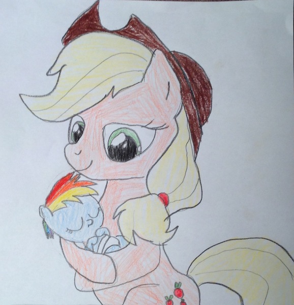 Size: 1936x2009 | Tagged: safe, artist:iron-hooved, derpibooru import, applejack, rainbow dash, pony, age regression, baby, baby dash, baby pony, best friends, cuddling, female, foal, mare, sleeping, traditional art