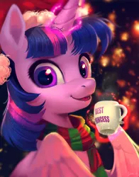 Size: 1699x2165 | Tagged: safe, artist:imalou, derpibooru import, twilight sparkle, twilight sparkle (alicorn), alicorn, pony, best princess, bust, candy, candy cane, christmas, clothes, cute, ear fluff, female, fluffy, food, glowing horn, hat, holiday, levitation, looking at you, magic, mare, mug, open mouth, santa hat, scarf, smiling, solo, spread wings, telekinesis, twiabetes, wings, winter