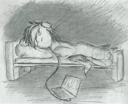 Size: 5187x4220 | Tagged: absurd resolution, artist:geljado, bed, computer, concept, concept art, conceptional art, derpibooru import, female, headphones, laptop computer, listening, monochrome, oc, safe, sketch, sleeping, solo, traditional art, unofficial characters only