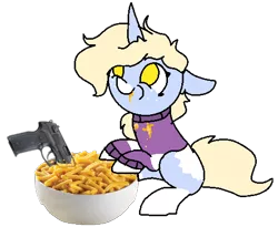 Size: 510x419 | Tagged: artist:nootaz, cheese, derpibooru import, foal, food, gun, gun in food, handgun, macaroni, macaroni and cheese, messy eating, oc, oc:nootaz, pasta, pistol, safe, unofficial characters only, wat, weapon
