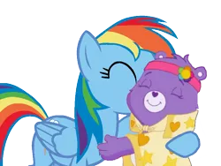 Size: 800x600 | Tagged: safe, derpibooru import, rainbow dash, cape, care bears, care bears adventures of care a lot, clothes, cute, dashabetes, harmony bear, headband, hug