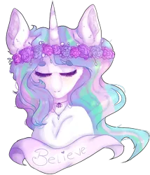 Size: 647x755 | Tagged: anthro, artist:stellinhapotata, banner, believe, derpibooru import, floral head wreath, flower, princess celestia, safe, solo