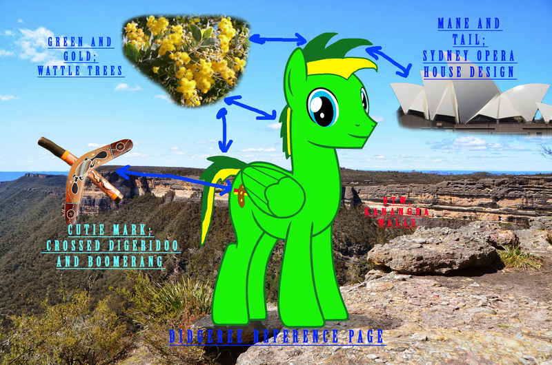 Size: 1600x1060 | Tagged: safe, artist:didgereethebrony, derpibooru import, oc, oc:didgeree, unofficial characters only, pegasus, pony, australia, boomerang, didgeridoo, kanangra boyd national park, musical instrument, reference sheet, solo, sydney opera house, wattle tree