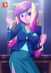 Size: 707x1000 | Tagged: safe, artist:uotapo, derpibooru import, princess cadance, equestria girls, friendship games, adorasexy, breasts, busty princess cadance, clothes, cute, cutedance, dean cadance, eyeshadow, female, looking at you, makeup, moe, patreon, patreon logo, school, sexy, side slit, skirt, smiling, solo, tube skirt