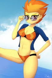 Size: 845x1267 | Tagged: suggestive, artist:zelc-face, derpibooru import, spitfire, human, equestria girls, beach, beach babe, belly button, bikini, bikini babe, breasts, busty spitfire, cleavage, clothes, equestria girls-ified, female, humanized, jacket, looking at you, orange swimsuit, sexy, solo, solo female, stupid sexy spitfire, sunglasses, swimsuit, thighs, tricolor swimsuit, zelc-face's swimsuits