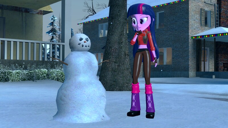 Size: 1920x1080 | Tagged: safe, artist:fivefreddy, derpibooru import, twilight sparkle, equestria girls, 3d, belly button, clothes, crossover, gmod, midriff, scarf, snow, snowman, team fortress 2, twilight sniper