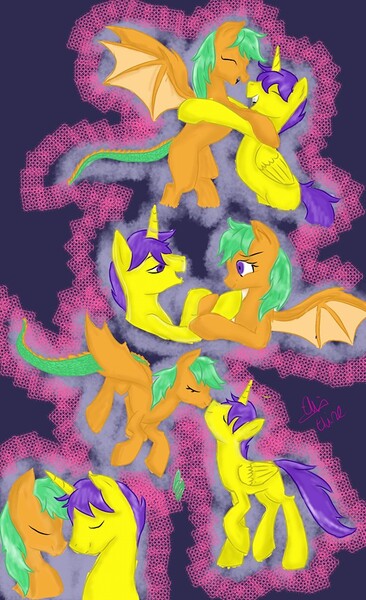 Size: 586x960 | Tagged: alicorn, alicorn oc, artist:elainenuri, couple, derpibooru import, drorion, female, hybrid, interspecies offspring, male, nuzzling, oc, oc:honey drops, oc:orion galaxy, oc x oc, offspring, offspring shipping, parent:discord, parent:flash sentry, parent:fluttershy, parents:discoshy, parents:flashlight, parent:twilight sparkle, safe, shipping, straight, unofficial characters only