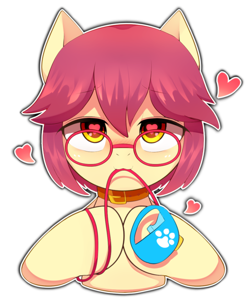 Size: 919x1120 | Tagged: safe, artist:maren, derpibooru import, oc, oc:karen miyu, unofficial characters only, earth pony, pony, collar, commission, female, glasses, heart, heart eyes, leash, looking at you, mare, mouth hold, simple background, solo, transparent background, wingding eyes