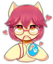 Size: 919x1120 | Tagged: safe, artist:maren, derpibooru import, oc, oc:karen miyu, unofficial characters only, earth pony, pony, collar, commission, female, glasses, heart, heart eyes, leash, looking at you, mare, mouth hold, simple background, solo, transparent background, wingding eyes