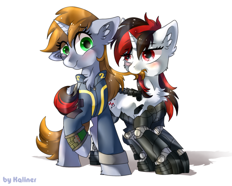 Size: 1080x864 | Tagged: safe, artist:kaliner123, derpibooru import, oc, oc:blackjack, oc:littlepip, unofficial characters only, cyborg, pony, unicorn, fallout equestria, fallout equestria: project horizons, fanfic, blushing, chest fluff, clothes, ear fluff, fanfic art, female, hooves, horn, lesbian, mare, oc x oc, pipbuck, prosthetics, raised hoof, scrunchy face, shipping, simple background, transparent background, vault suit
