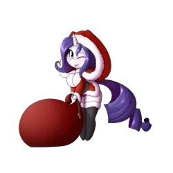 Size: 1500x1500 | Tagged: absolute cleavage, anthro, artist:silverfox057, breasts, busty rarity, christmas, cleavage, clothes, costume, derpibooru import, female, holiday, hoodie, looking at you, one eye closed, rarity, sack, santa costume, santa sack, sexy, sexy santa costume, simple background, smiling, solo, solo female, stockings, suggestive, thigh highs, transparent background, unguligrade anthro, wink