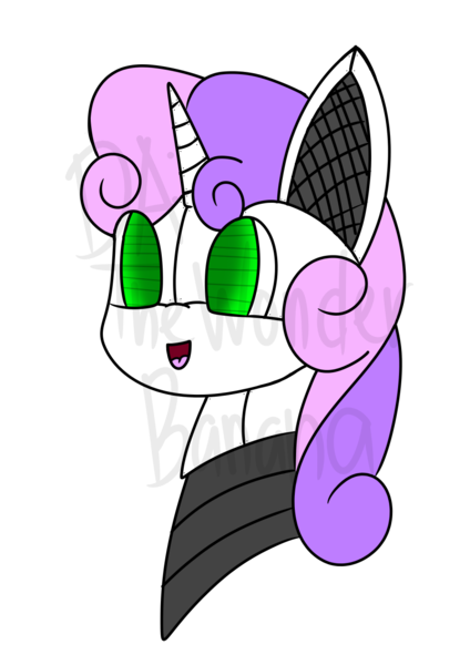 Size: 1000x1414 | Tagged: safe, artist:vinylmelody, derpibooru import, sweetie belle, pony, robot, robot pony, unicorn, bust, female, filly, foal, horn, open mouth, portrait, simple background, solo, sweetie bot, transparent background