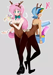 Size: 2000x2822 | Tagged: suggestive, artist:stalemeat, derpibooru import, fluttershy, rainbow dash, deer, human, reindeer, 2014, animal costume, antlers, big breasts, blushing, breasts, busty fluttershy, christmas, cleavage, clothes, costume, duo, duo female, ear piercing, earring, female, females only, gray background, high heels, holiday, humanized, jewelry, leotard, nail polish, open mouth, pantyhose, piercing, present, raised leg, reindeer antlers, shoes, simple background, strapless