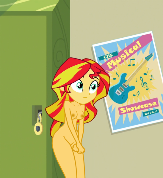 Size: 740x810 | Tagged: questionable, artist:dirty mike, derpibooru import, edit, edited edit, edited screencap, editor:slayerbvc, screencap, sunset shimmer, equestria girls, rainbow rocks, breasts, female, locker, nipples, nude edit, nudity, practitioner of naturism, realization, solo, solo female