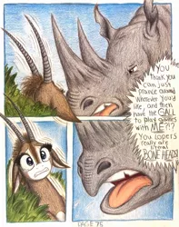 Size: 1080x1368 | Tagged: angry, animal in mlp form, antelope, artist:thefriendlyelephant, black rhinoceros, bush, comic, comic:sable story, crying, derpibooru import, giant sable antelope, horns, oc, oc:grumpy the rhino, oc:uganda, rhinoceros, safe, scared, shaking, speech bubble, territorial, traditional art, unofficial characters only, yelling