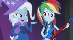 Size: 1280x714 | Tagged: suggestive, derpibooru import, edit, edited edit, edited screencap, editor:slayerbvc, screencap, rainbow dash, trixie, equestria girls, rainbow rocks, bottomless, clothed female nude female, clothes, electric guitar, female, guitar, nudity, partial nudity, partial nudity edit, strategically covered