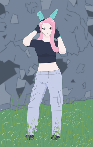 Size: 1280x2018 | Tagged: artist:totallynotabronyfim, belly button, bunny ears, cargo pants, clothes, costume, dangerous mission outfit, derpibooru import, female, fluttershy, gloves, hoodie, human, humanized, looking at you, midriff, open mouth, pants, safe, short shirt, solo