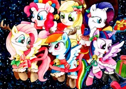 Size: 3389x2409 | Tagged: safe, artist:shiinadrawmiku, derpibooru import, applejack, fluttershy, pinkie pie, rainbow dash, rarity, twilight sparkle, twilight sparkle (alicorn), alicorn, earth pony, pegasus, pony, unicorn, antlers, bell, christmas, clothes, female, hat, holiday, mane six, mare, present, reindeer antlers, santa hat, socks, traditional art, watercolor painting