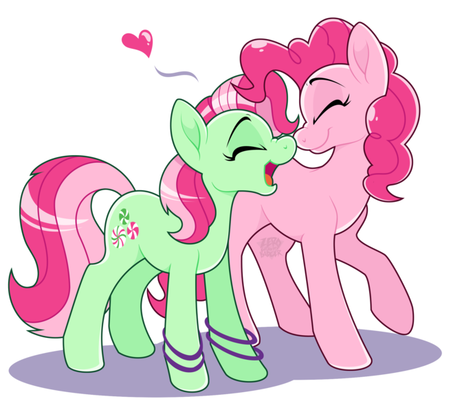 Size: 1982x1813 | Tagged: safe, artist:zerogravitybadger, derpibooru import, minty, pinkie pie, earth pony, pony, boop, duo, eyes closed, female, g3, g3 to g4, generation leap, heart, lesbian, mare, mintypie, noseboop, open mouth, shipping, simple background, smiling, transparent background