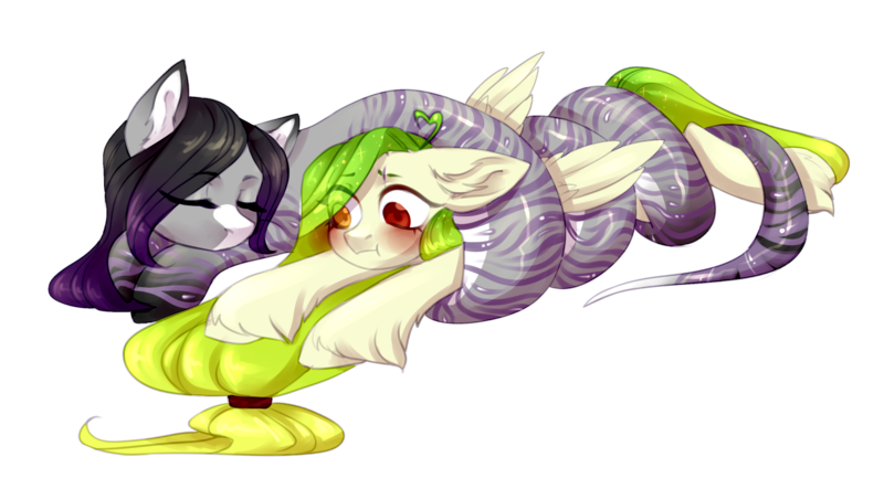 Size: 3000x1660 | Tagged: safe, artist:helemaranth, derpibooru import, oc, oc:lemony light, oc:saphira serpent, unofficial characters only, lamia, original species, pegasus, pony, snake pony, :t, ahoge, blushing, couple, cute, ear fluff, eyes closed, female, floppy ears, frown, hoof fluff, hug, leg fluff, mare, monster mare, prone, rcf community, simple background, stripes, stuck, transparent background, unshorn fetlocks, wide eyes, wrapped up