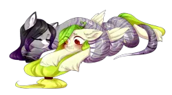 Size: 3000x1660 | Tagged: safe, artist:helemaranth, derpibooru import, oc, oc:lemony light, oc:saphira serpent, unofficial characters only, lamia, original species, pegasus, pony, snake pony, :t, ahoge, blushing, couple, cute, ear fluff, eyes closed, female, floppy ears, frown, hoof fluff, hug, leg fluff, mare, monster mare, prone, rcf community, simple background, stripes, stuck, transparent background, unshorn fetlocks, wide eyes, wrapped up