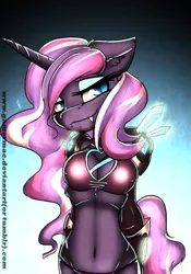 Size: 700x1000 | Tagged: anthro, artist:gamermac, bra, breasts, cleavage, clothes, derpibooru import, erect nipples, eyeshadow, fangs, female, gradient background, latex, looking at you, makeup, nightmare rarity, nipple outline, panties, solo, solo female, suggestive, underwear