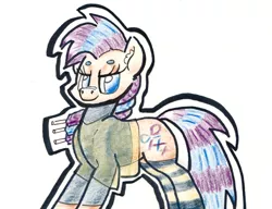 Size: 796x611 | Tagged: safe, artist:shoeunit, derpibooru import, oc, oc:shoelace, unofficial characters only, earth pony, pony, clothes, colored pencil drawing, female, mare, socks, solo, striped socks, traditional art