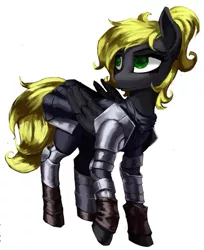Size: 525x644 | Tagged: safe, artist:nsilverdraws, derpibooru import, oc, oc:veen sundown, unofficial characters only, horse, pegasus, pony, armor, armor skirt, blonde, detailed, female, green eyes, mare, ponytail, simple background, skirt, solo, standing, sundown clan, white background