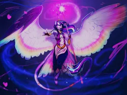 Size: 1552x1160 | Tagged: alicorn, anthro, armpits, artist:turnipberry, badass, classical unicorn, cloven hooves, curved horn, demigod, derpibooru import, female, flying, goddess au, horn ring, impossibly large wings, large wings, leonine tail, magic, mare, outstretched arm, rainbow power, robes, safe, solo, staff, tail ring, twilight sparkle, twilight sparkle (alicorn), unguligrade anthro, white eyes, wings