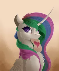 Size: 2500x3000 | Tagged: safe, artist:skitsniga, derpibooru import, princess celestia, alicorn, pony, beautiful, bust, cheek fluff, chest fluff, curved horn, cute, cutelestia, female, floppy ears, fluffy, heart, looking at you, mare, messy mane, mouth hold, multicolored mane, purple eyes, smiling, solo