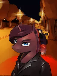 Size: 1112x1461 | Tagged: safe, artist:apocheck13, derpibooru import, oc, unofficial characters only, anthro, unicorn, car, clothes, jacket, leather jacket, looking at you, night, road, solo, street