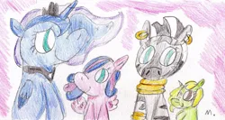 Size: 915x488 | Tagged: artist:ptitemouette, derpibooru import, family, next generation, oc, oc:love moonlight, oc:snowdrop, parent:princess cadance, parent:princess luna, parent:zecora, princess luna, safe, zecora