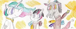 Size: 1328x506 | Tagged: artist:ptitemouette, derpibooru import, discord, family, hybrid, interspecies offspring, next generation, oc, oc:chaotic tornado, offspring, parent:discord, parent:princess celestia, parents:dislestia, princess celestia, safe