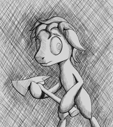 Size: 1298x1447 | Tagged: safe, artist:panzerhi, derpibooru import, pony, axe, black and white, generic pony, grayscale, monochrome, solo, weapon