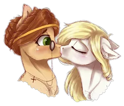 Size: 4346x3716 | Tagged: safe, artist:gaelledragons, derpibooru import, oc, oc:lacewing, oc:runic scrawl, unofficial characters only, earth pony, pony, absurd resolution, blushing, bust, ear fluff, eyes closed, female, floppy ears, fluffy, kissing, lesbian, monocle, oc x oc, shipping, simple background, speedpaint available, transparent background