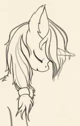 Size: 705x1106 | Tagged: safe, artist:lunebat, derpibooru import, oc, oc:single drop, unofficial characters only, pony, unicorn, bust, chest fluff, ear fluff, eyes closed, monochrome, profile, shoulder fluff, sketch, solo