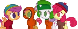 Size: 1024x386 | Tagged: safe, artist:xmelodyskyx, derpibooru import, apple bloom, babs seed, scootaloo, sweetie belle, pony, crossover, cutie mark crusaders, eric cartman, female, filly, kenny mccormick, kyle broflovski, simple background, south park, stan marsh, transparent background