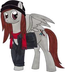 Size: 1089x1200 | Tagged: safe, artist:killerteddybear94, derpibooru import, editor:binkyt11, oc, oc:galestorm, unofficial characters only, pegasus, pony, 2018 community collab, derpibooru community collaboration, beanie, clothes, hat, jacket, looking at you, male, scarf, simple background, spread wings, stallion, traditional art, transparent background, wings