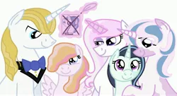 Size: 4096x2226 | Tagged: safe, artist:kindheart525, derpibooru import, fancypants, fleur-de-lis, prince blueblood, oc, oc:angel, oc:primrose, oc:wind flash, pegasus, pony, unicorn, kindverse, crack shipping, father and daughter, female, fleur-de-blueblood, levitation, magic, male, mare, mother and daughter, next generation, offspring, parent:fancypants, parent:fleur-de-lis, parent:oc:lightning bolt, parent:oc:primrose, parent:prince blueblood, parents:fancyfleur, parents:fleur-de-blueblood, photo, quill, shipping, stallion, straight, telekinesis, vitiligo