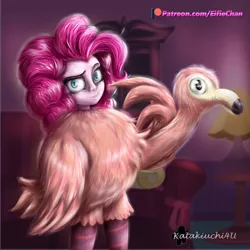 Size: 3000x3000 | Tagged: safe, artist:katakiuchi4u, derpibooru import, pinkie pie, flamingo, equestria girls, equestria girls series, pinkie sitting, bags under eyes, chair, clothes, costume, lamp, looking at you, patreon, patreon logo, solo