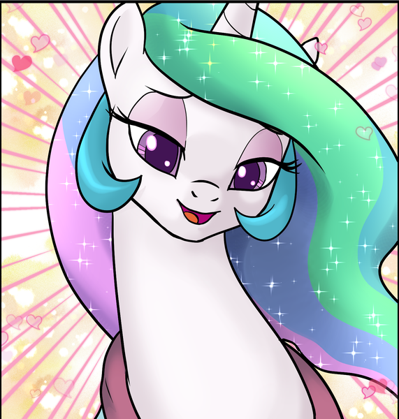 Size: 1401x1473 | Tagged: safe, artist:pencils, derpibooru import, princess celestia, alicorn, pony, beautiful, benevolent, cute, cutelestia, female, heart, lidded eyes, looking at you, mare, missing accessory, multicolored mane, pretty, purple eyes, smiling, solo, sparkles, sunburst background