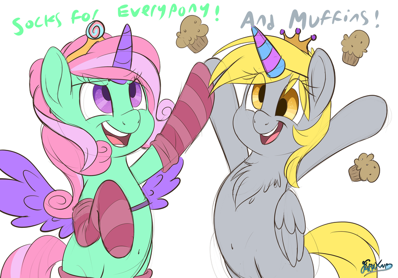 Size: 5000x3500 | Tagged: artist:fluffyxai, chest fluff, clothes, cute, derpabetes, derpibooru import, derpy hooves, fake horn, fake wings, food, mintabetes, minty, muffin, safe, socks, striped socks, that pony sure does love muffins, that pony sure does love socks, xk-class end-of-the-world scenario