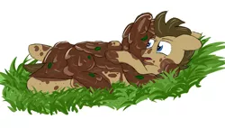 Size: 4000x2271 | Tagged: artist:pzkratzer, covered, covered in mud, derpibooru import, derpy hooves, dirt, dirty, doctorderpy, doctor whooves, female, grass, hug, implied shipping, male, mud, mud bath, muddy, on back, outdoors, safe, shipping, straight, time turner